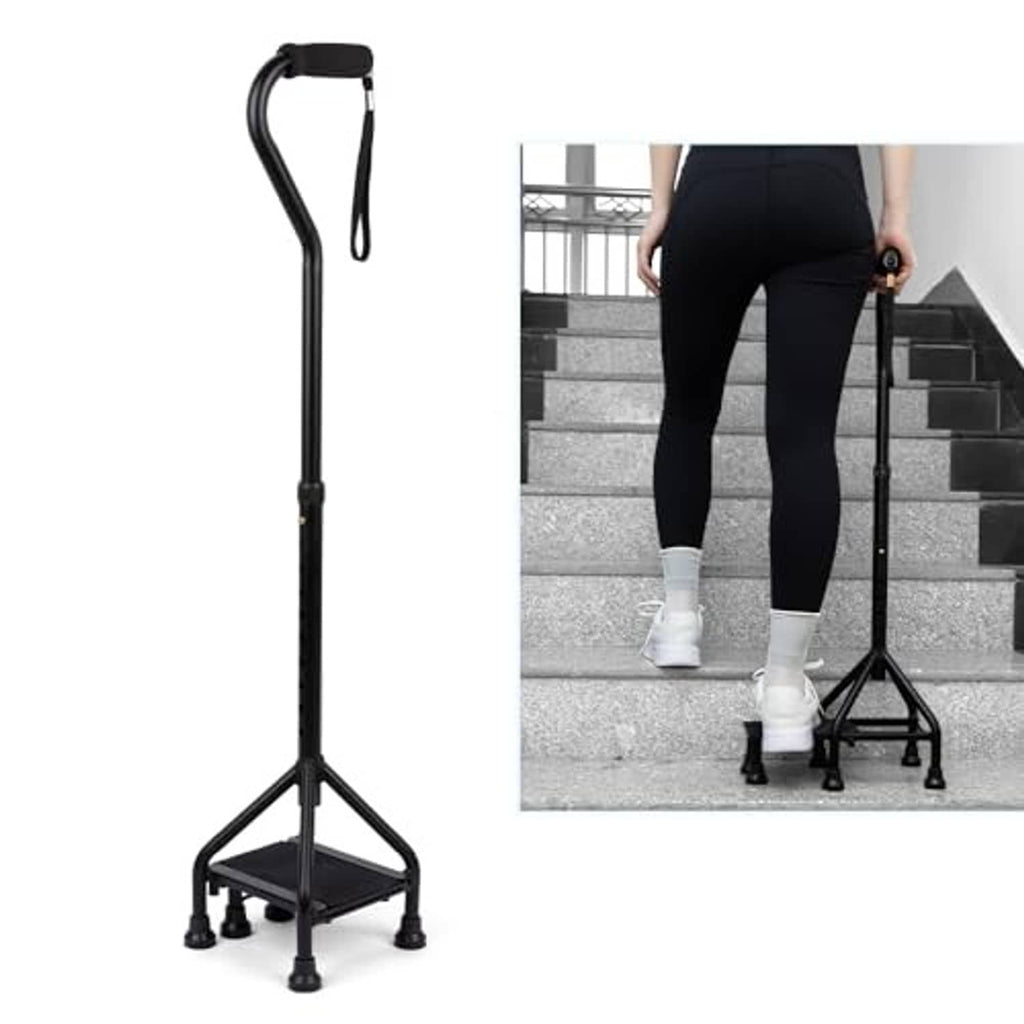 Black stair-climbing assist cane with multi-leg base supporting a person on steps