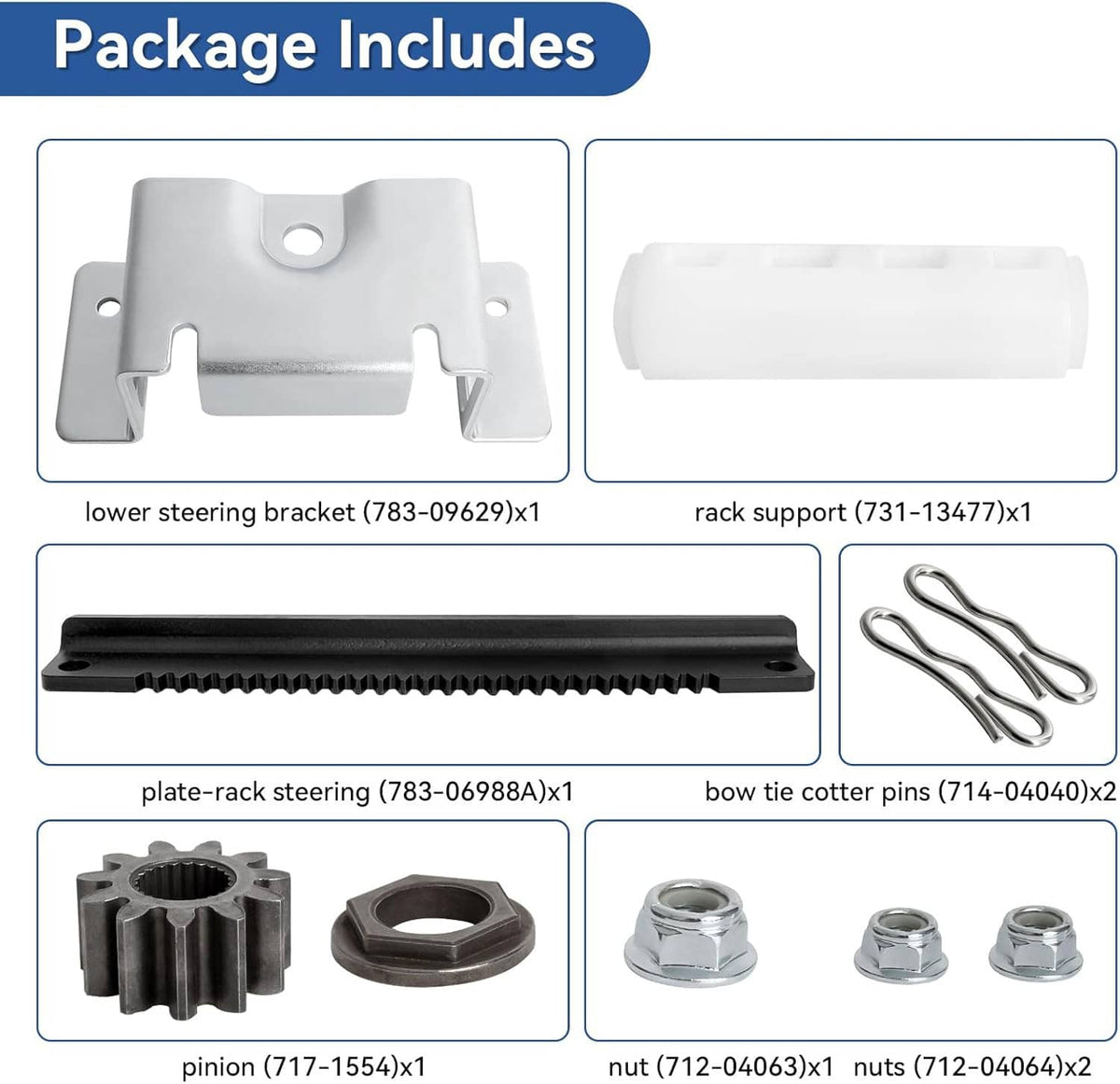 Steering service kit package contents: bracket, rack support, pins, cotters, and nuts
