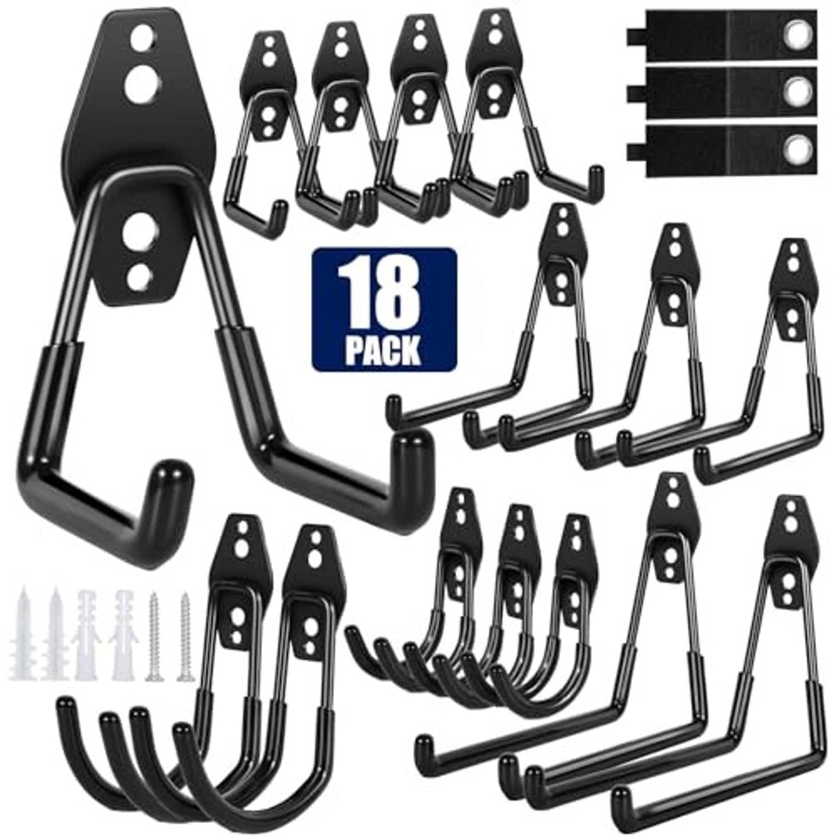 18-pack set of black garage hooks with mounting plates and curved hanging arms