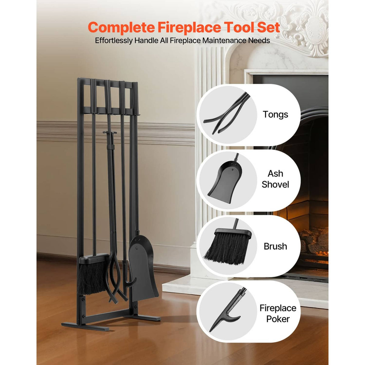 Black fireplace tool set with square stand and four tools: tongs, ash shovel, brush, poker