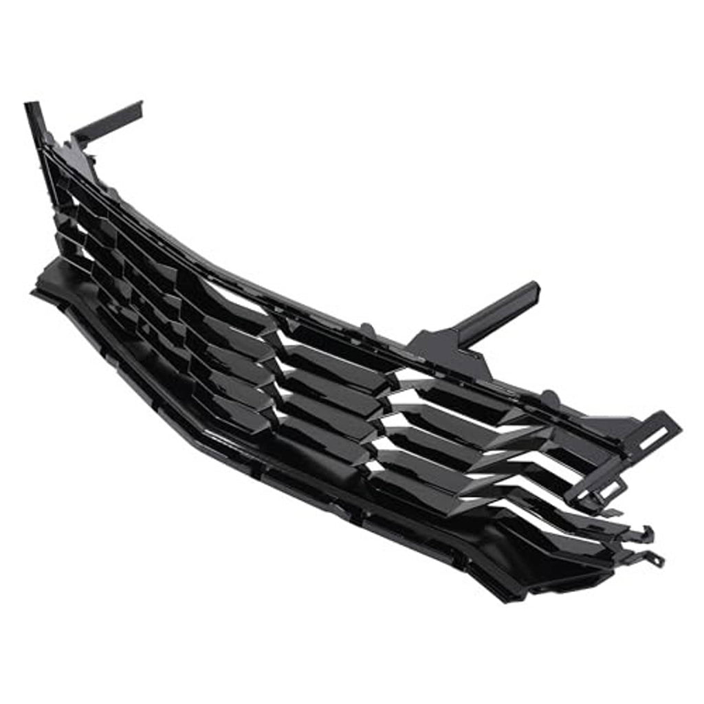 Angled black front grille with horizontal slat sections and mounting tabs