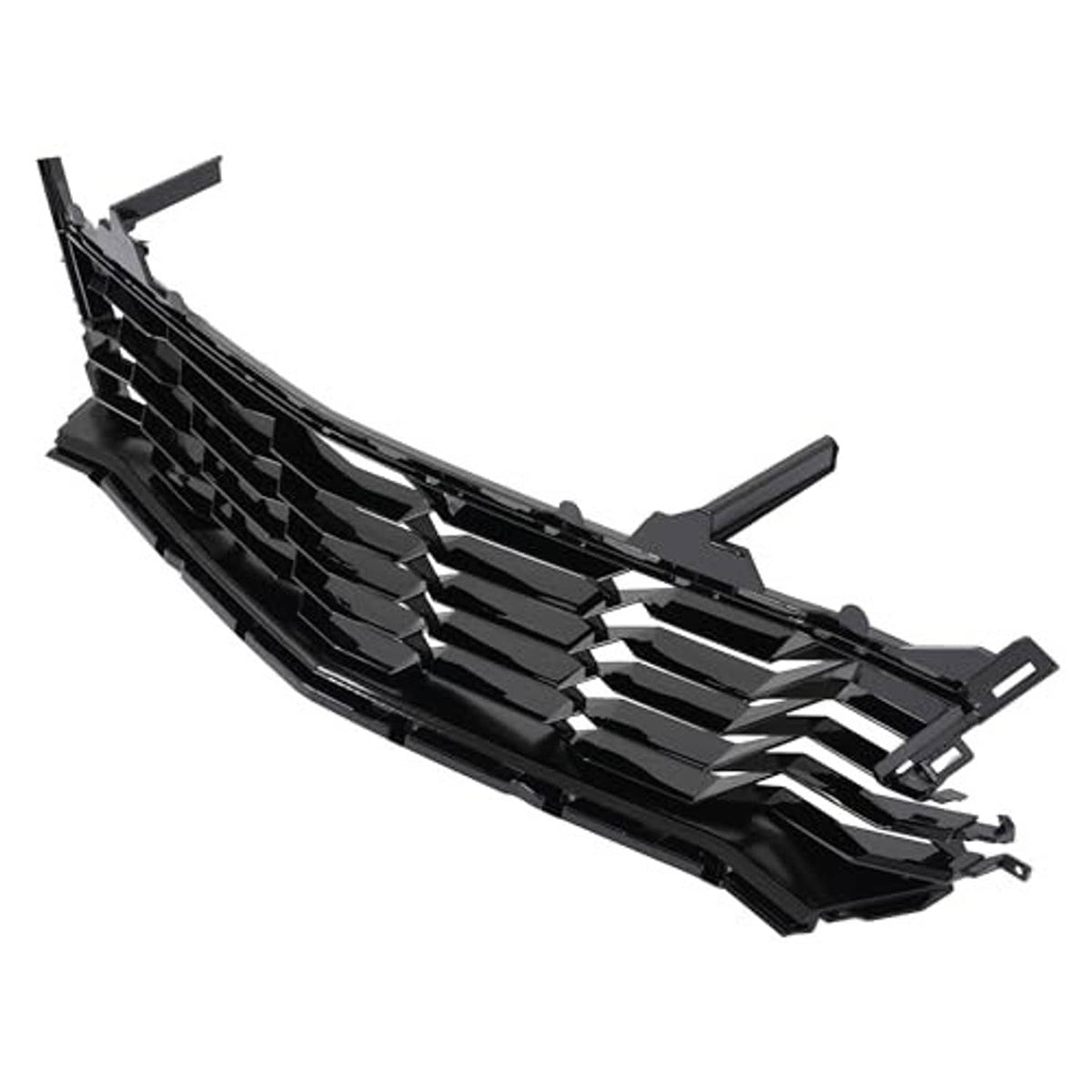 Angled black front grille with horizontal slat sections and mounting tabs