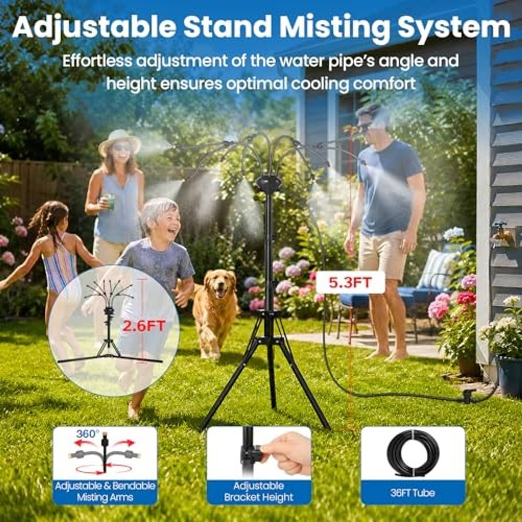 Adjustable outdoor misting system on black tripod stand with fine spray nozzles