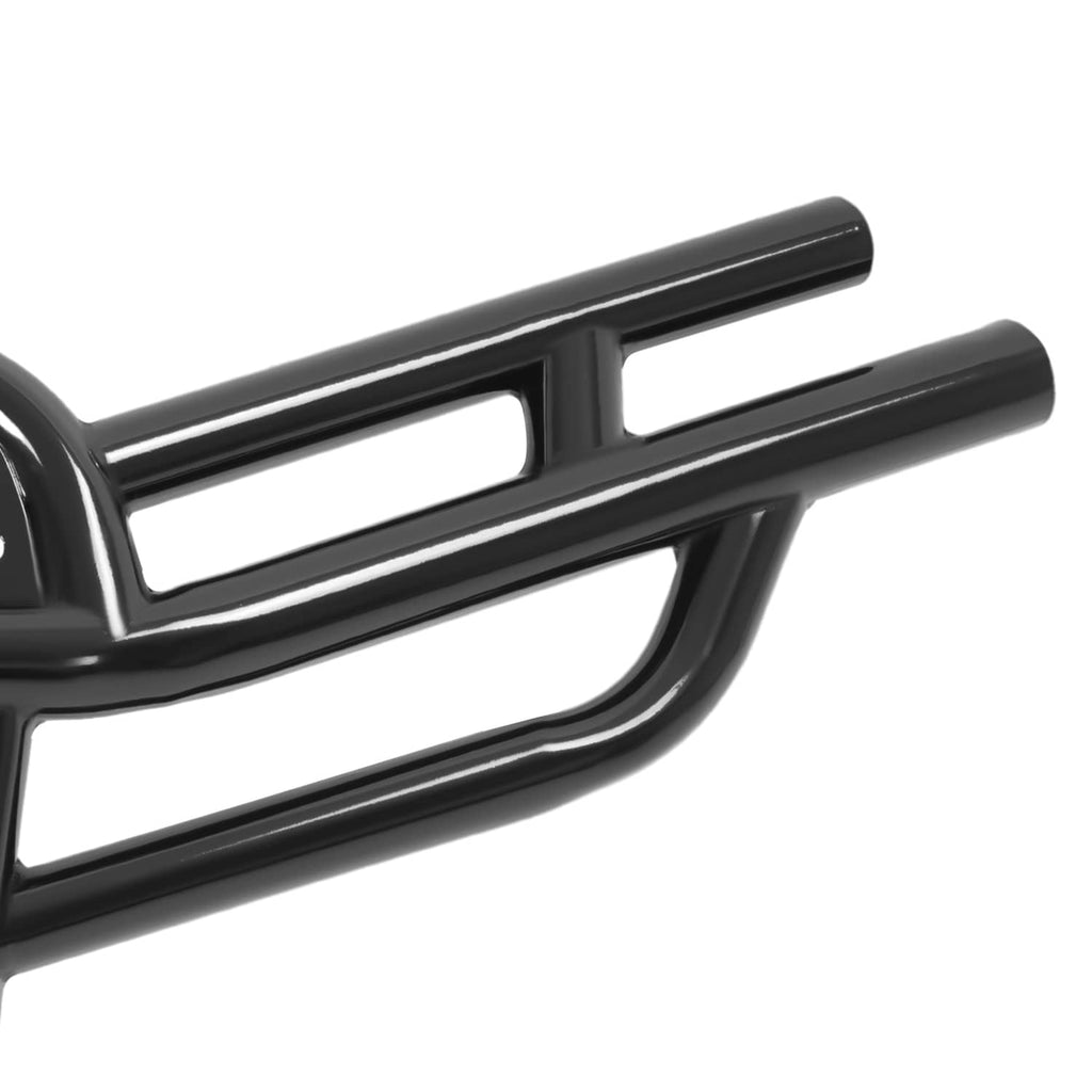 Close-up of black tubular guard rails and horizontal crossbar