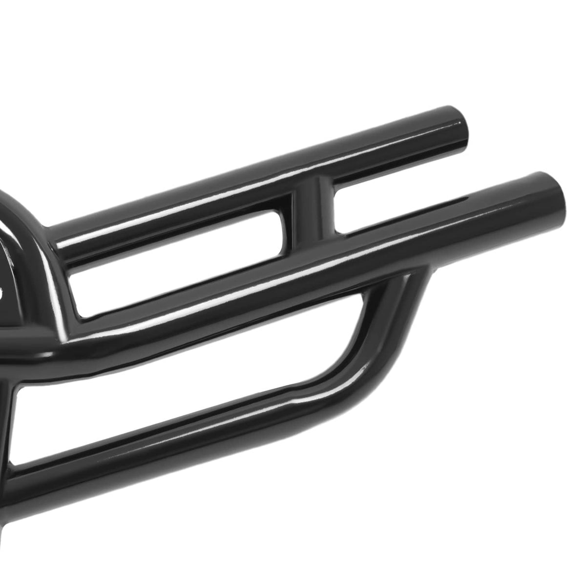 Close-up of black tubular guard rails and horizontal crossbar