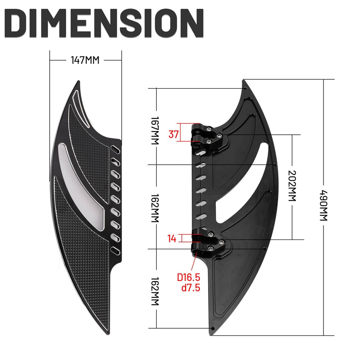 Front motorcycle floorboards showing size measurements and mounting hole locations