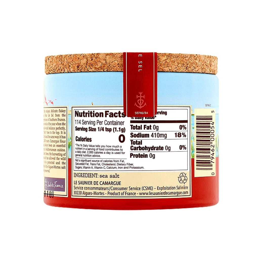 Fleur de sel sea salt jar back label with nutrition facts panel