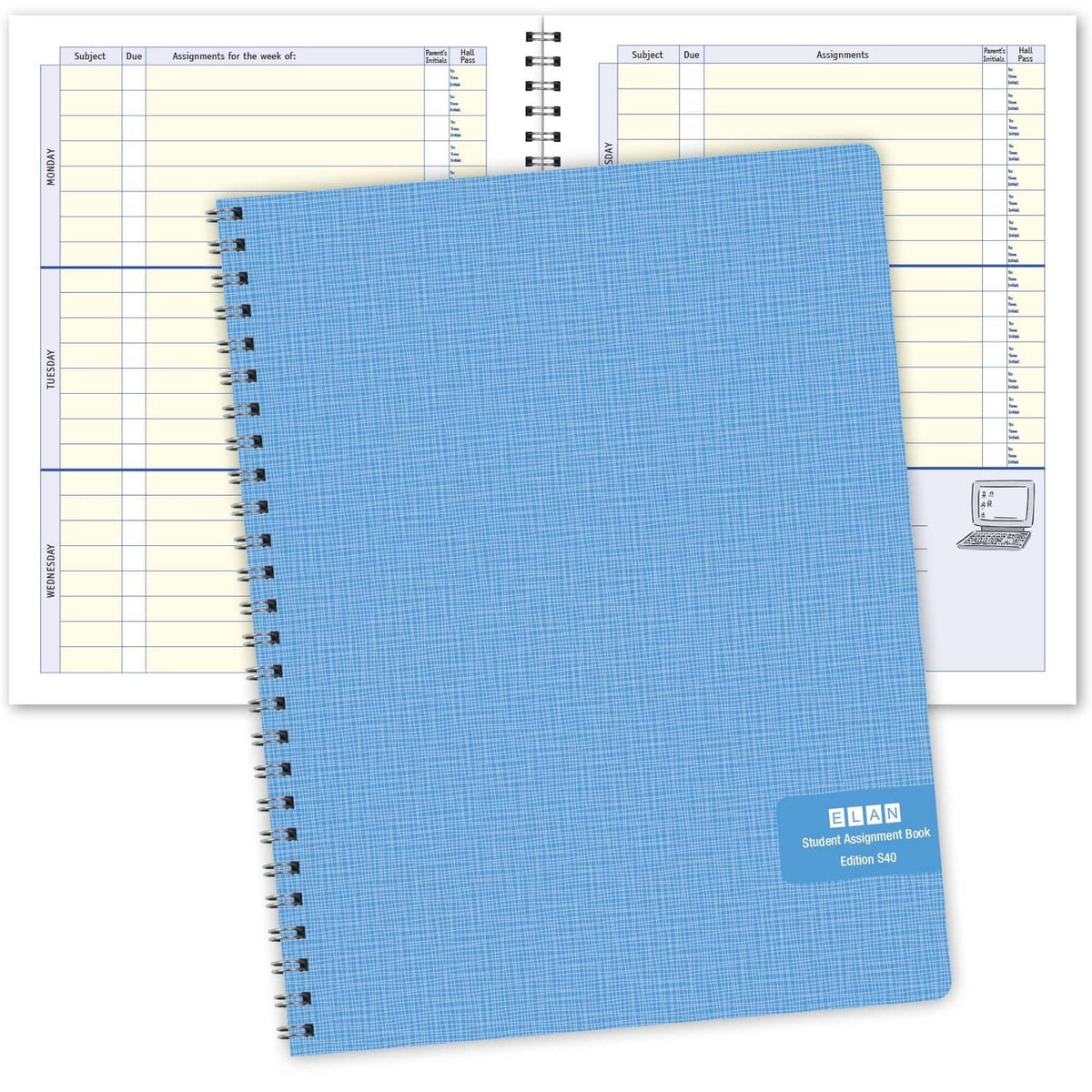Blue undated student planner with wire-o binding and textured grid front cover