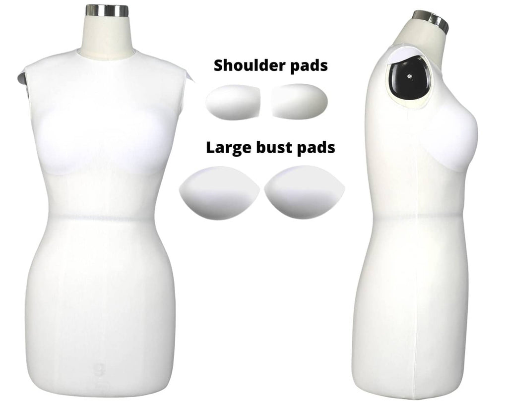 White dress form with shoulder pads and large bust pads, front and side views