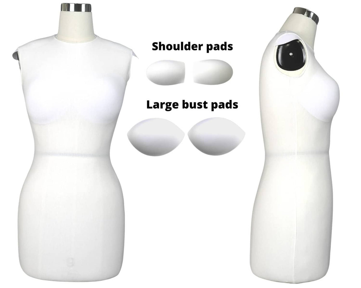 White dress form with shoulder pads and large bust pads, front and side views