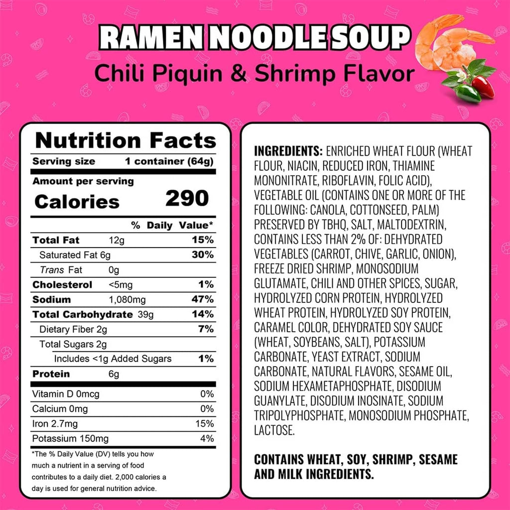 Maruchan Instant Lunch ramen nutrition facts label for chili piquin & shrimp
