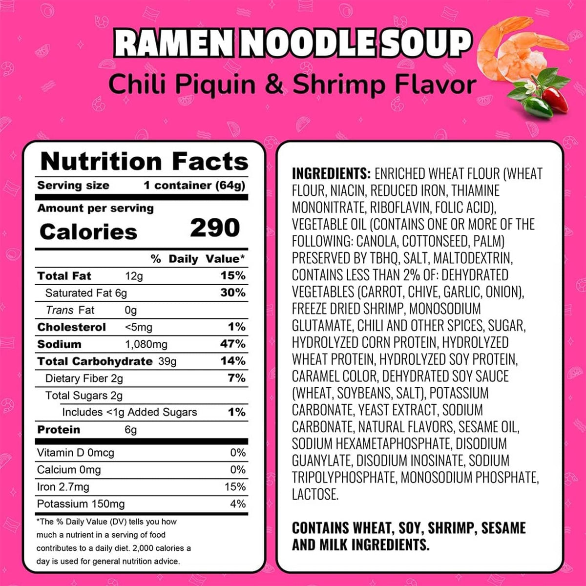 Maruchan Instant Lunch ramen nutrition facts label for chili piquin & shrimp