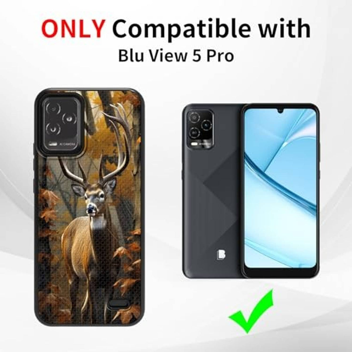 Deer camouflage phone case with tempered glass screen protector, black frame and cutouts.