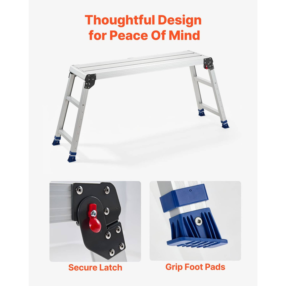Folding work platform stool with secure latch and grippy blue foot pads, white aluminum
