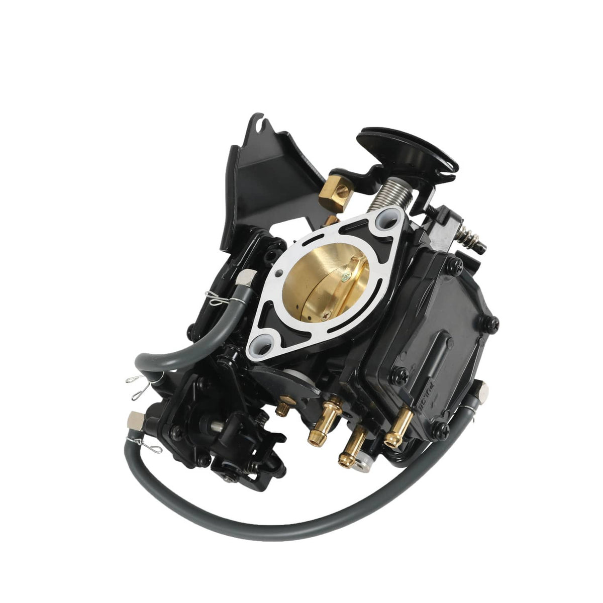Carburetor with circular gold inlet and multiple brass ports on black base
