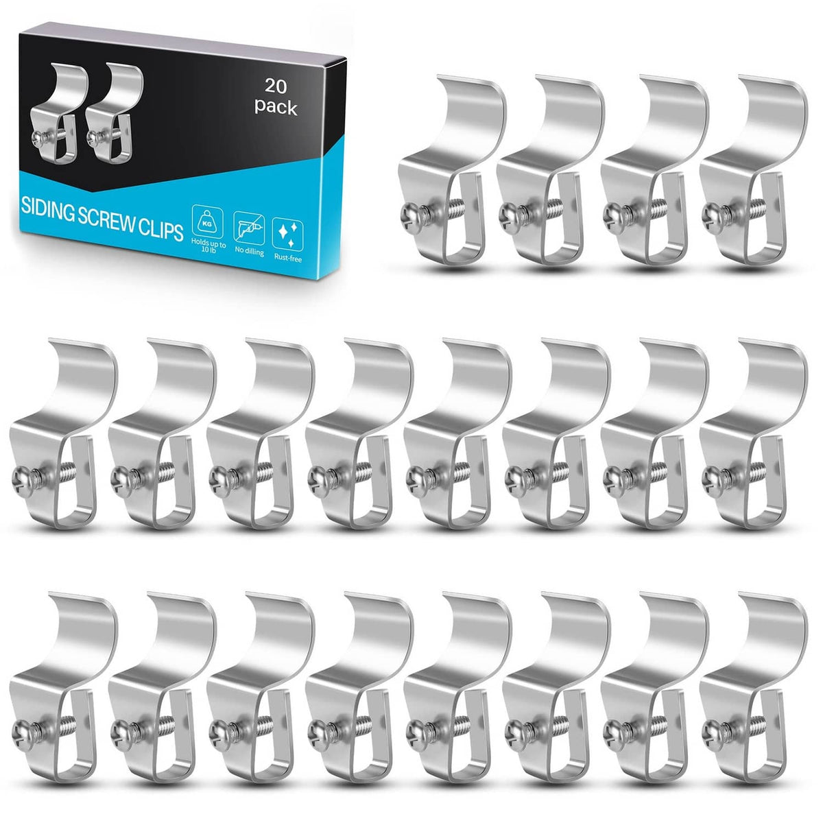 Silver siding screw clips, 20-pack, arranged in rows for camera or light mounting