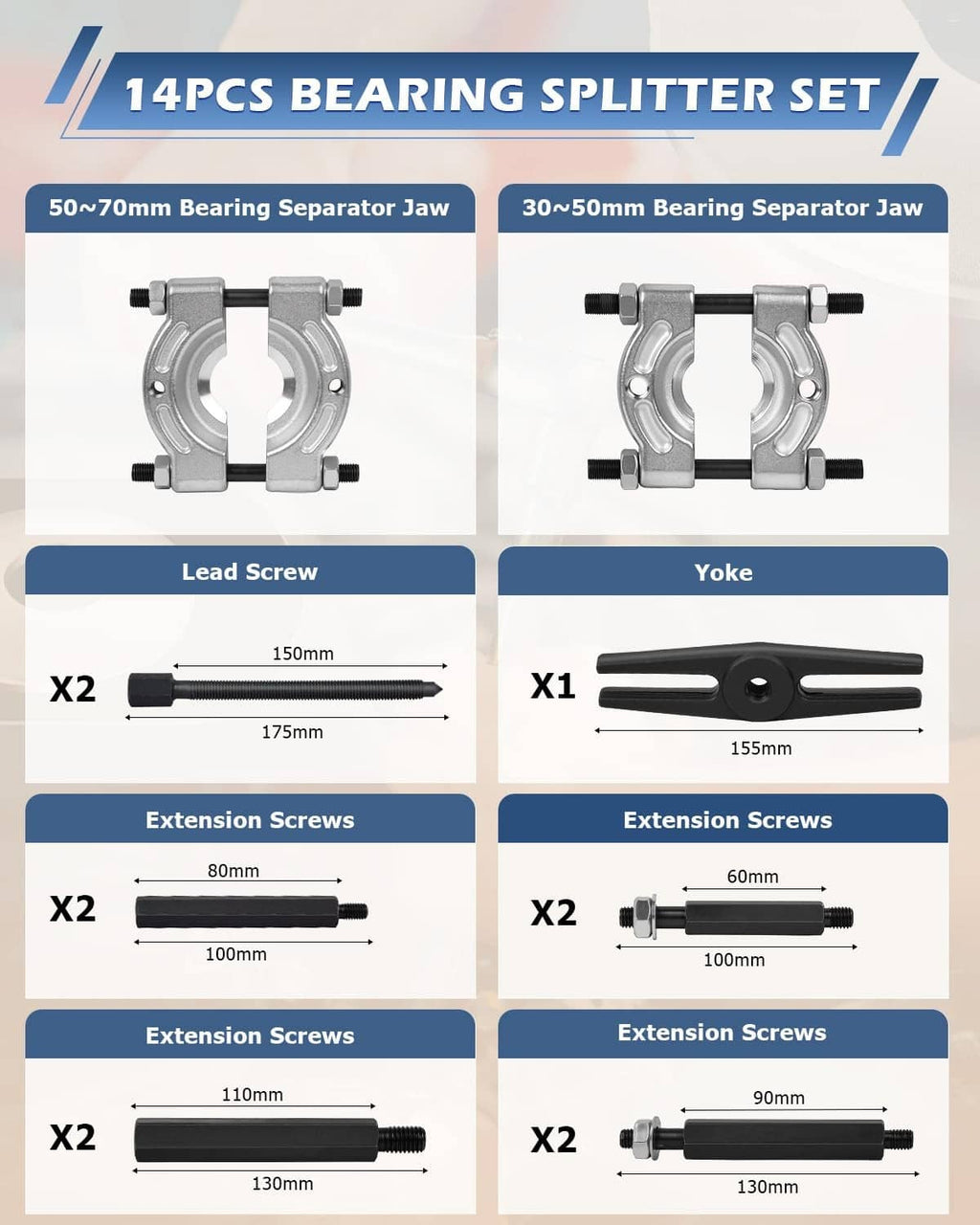 Bearing splitter set components: lead screw, yoke, extension screws, and separator jaws