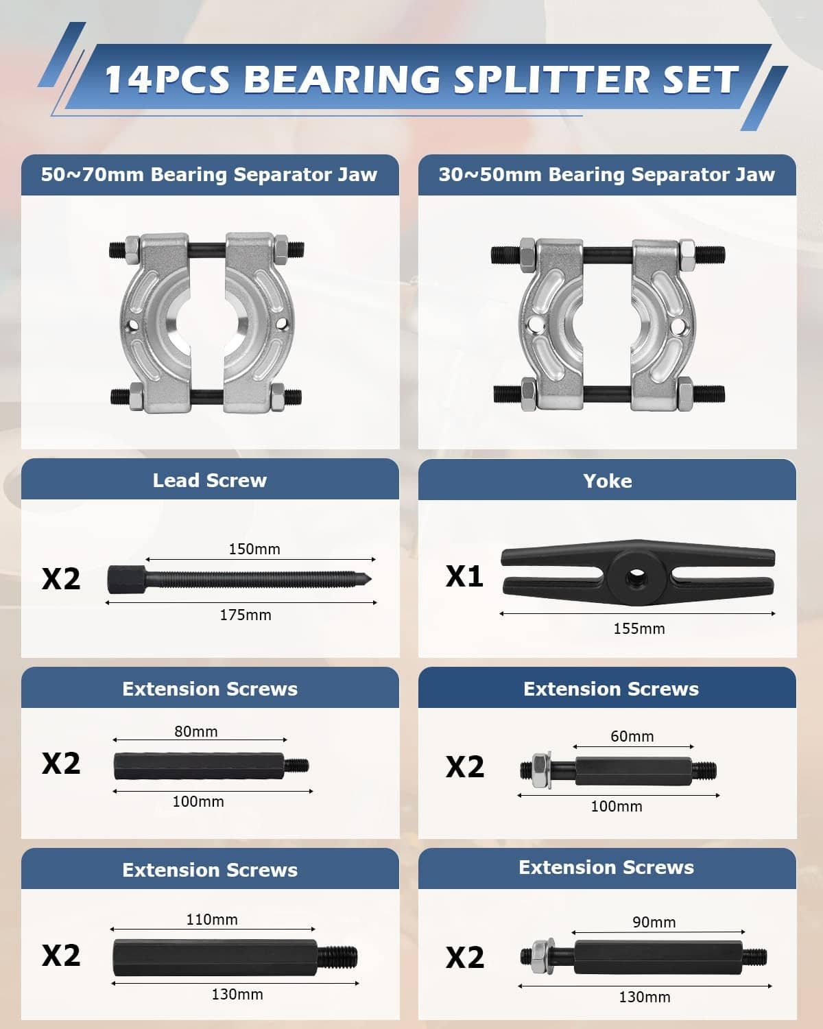 Bearing splitter set components: lead screw, yoke, extension screws, and separator jaws
