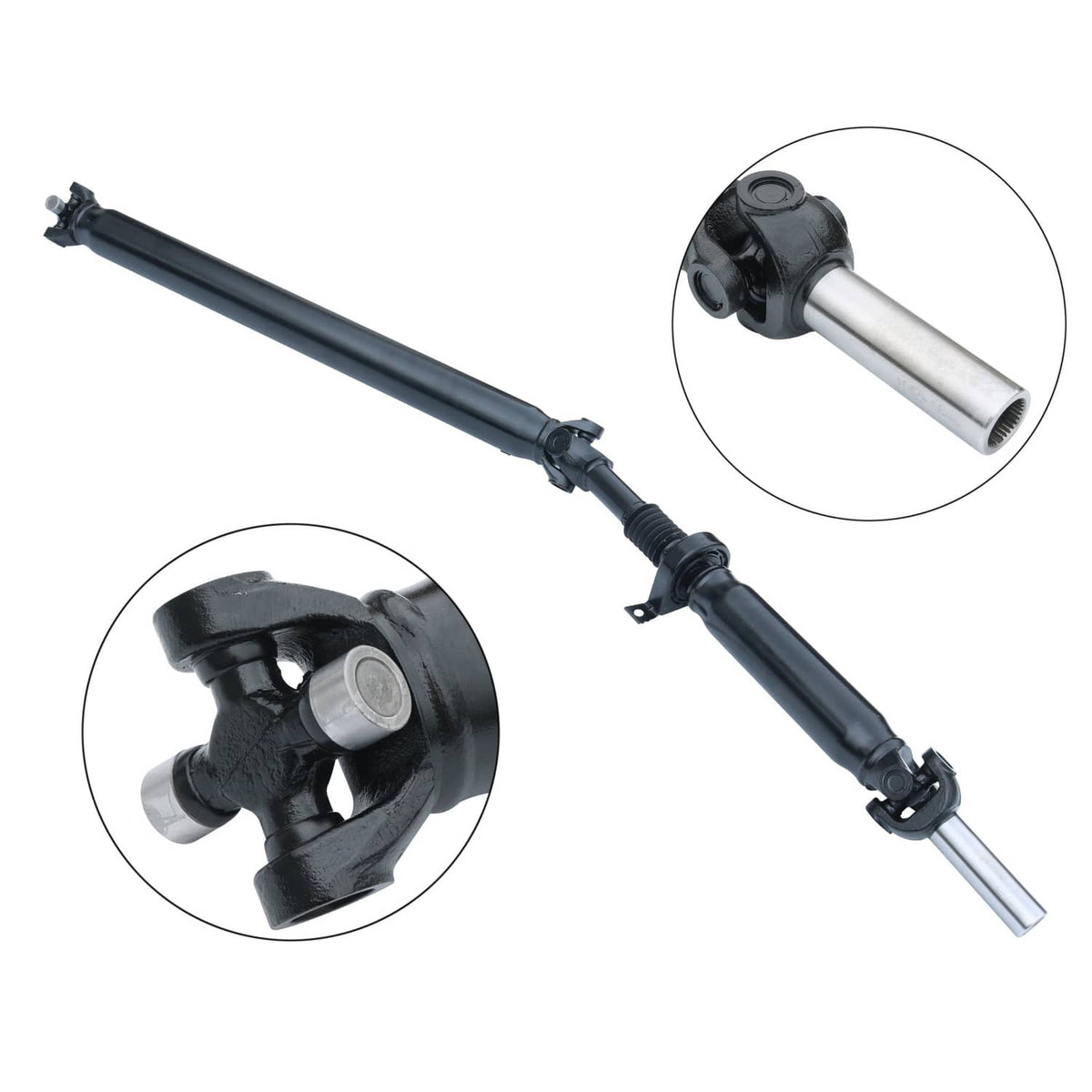 Rear driveshaft prop shaft assembly, black shaft with U-joint yoke and silver end