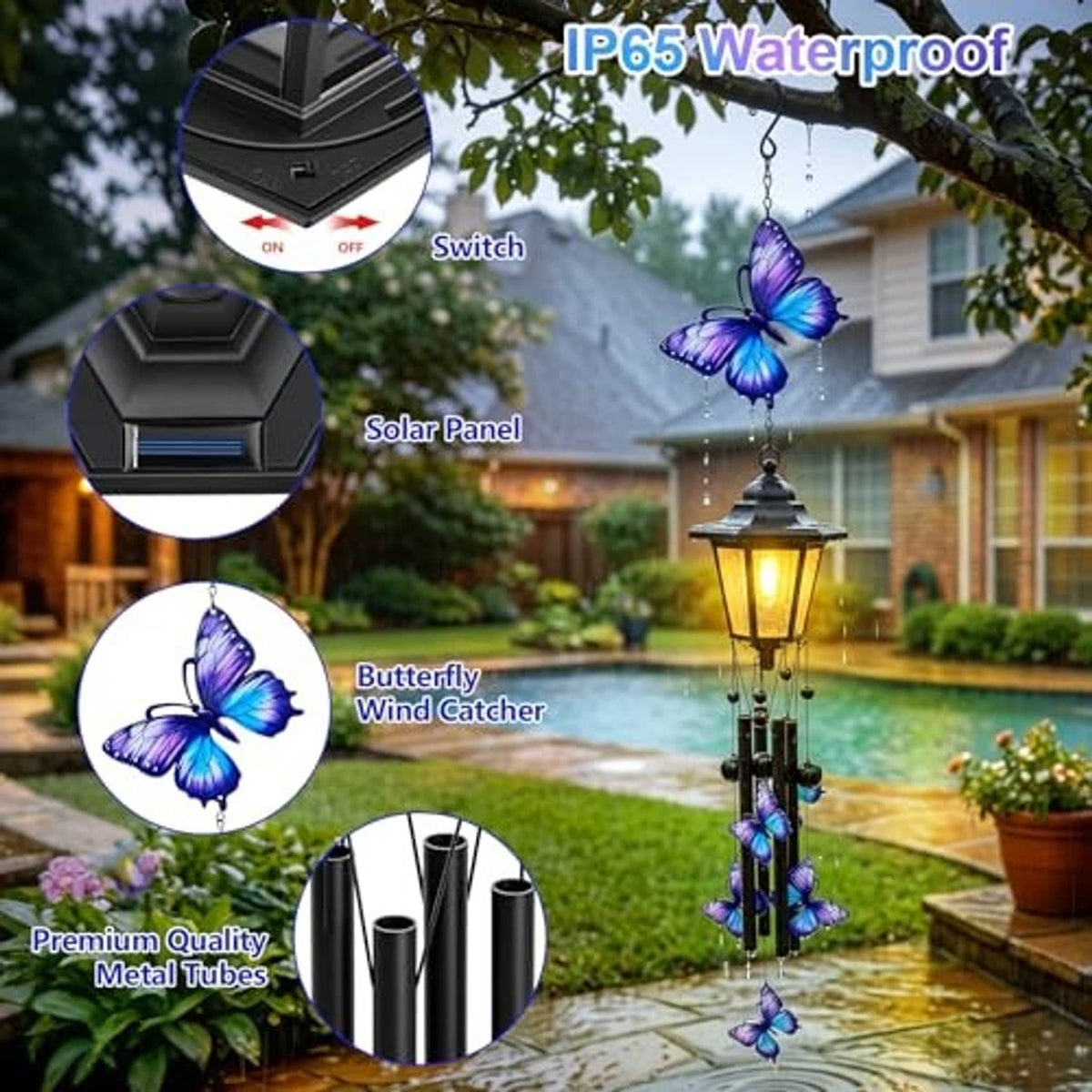 Solar lantern wind chime with blue butterflies, black housing, and solar panel