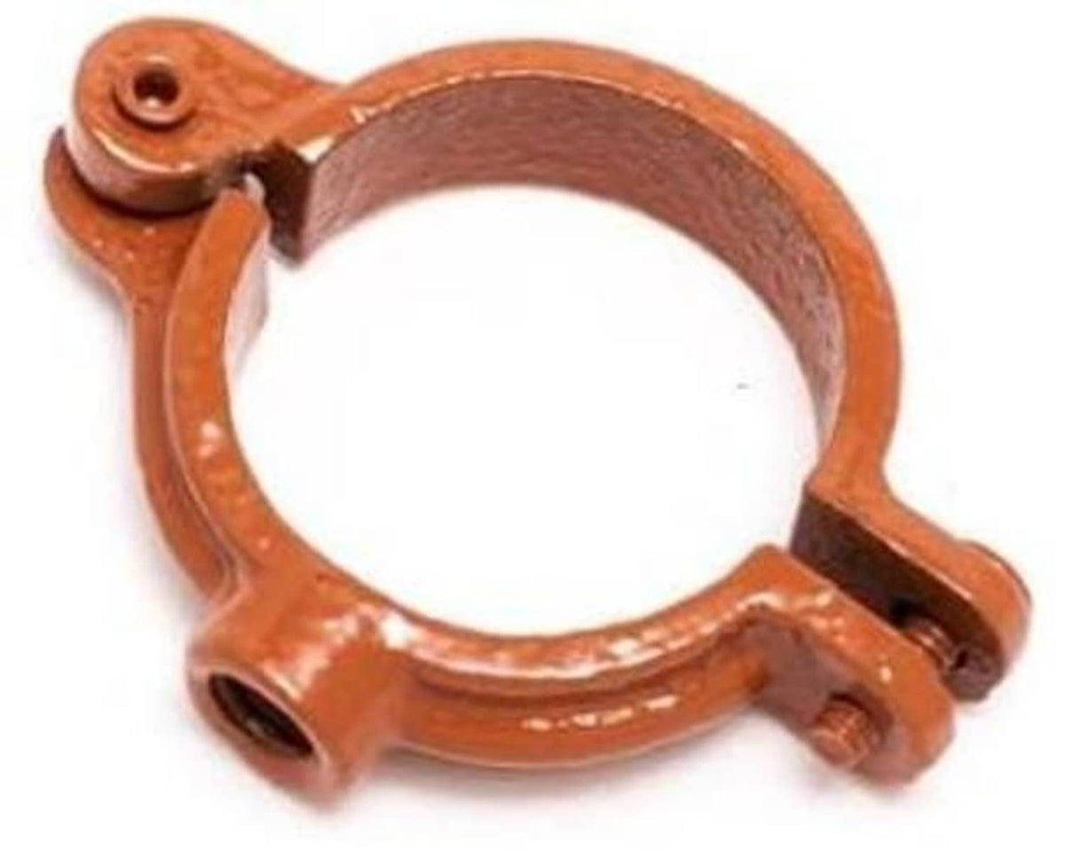 Copper epoxy hinged split-ring pipe hanger, open circular ring with mounting bracket