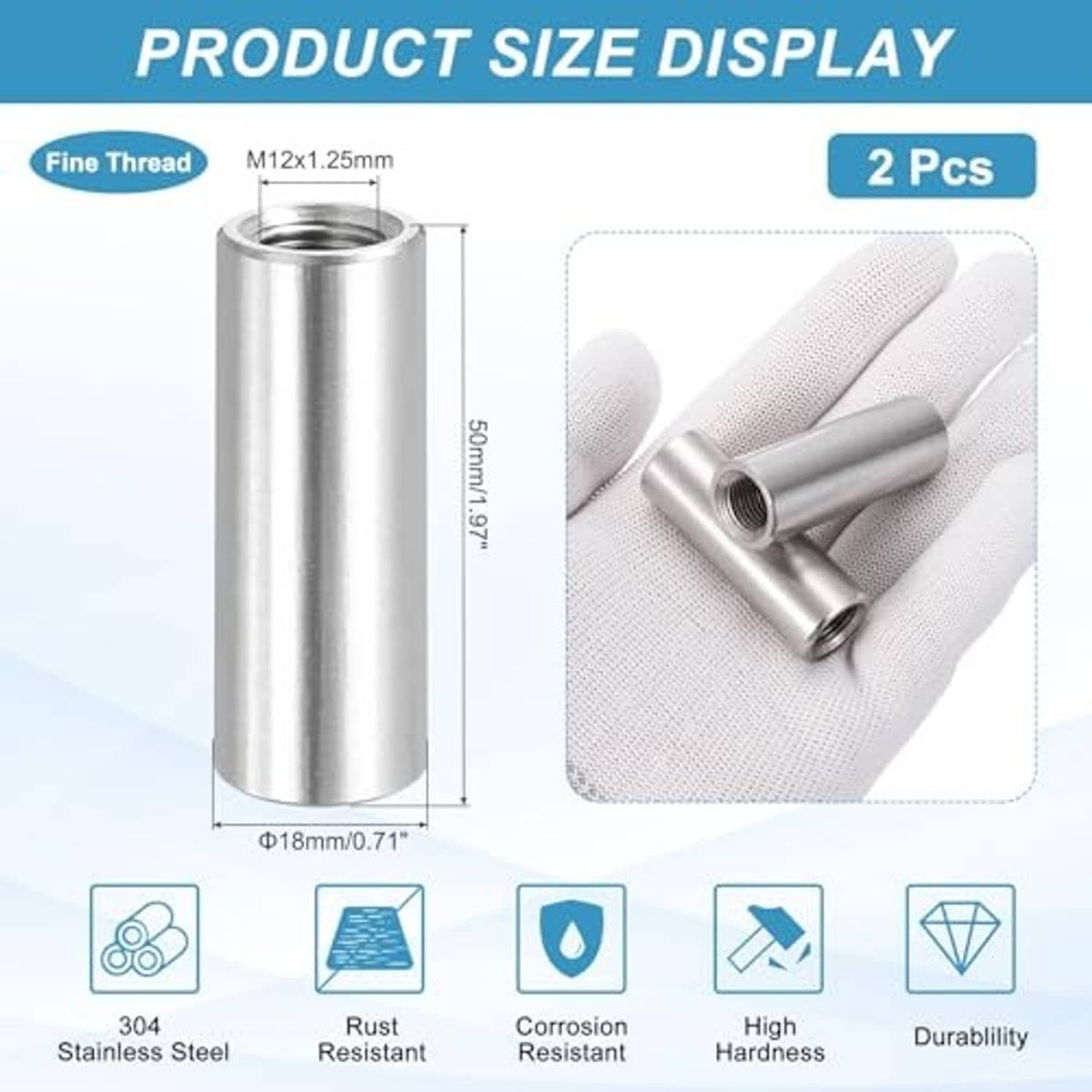 304 stainless steel connector nut product size display with internal thread dimensions