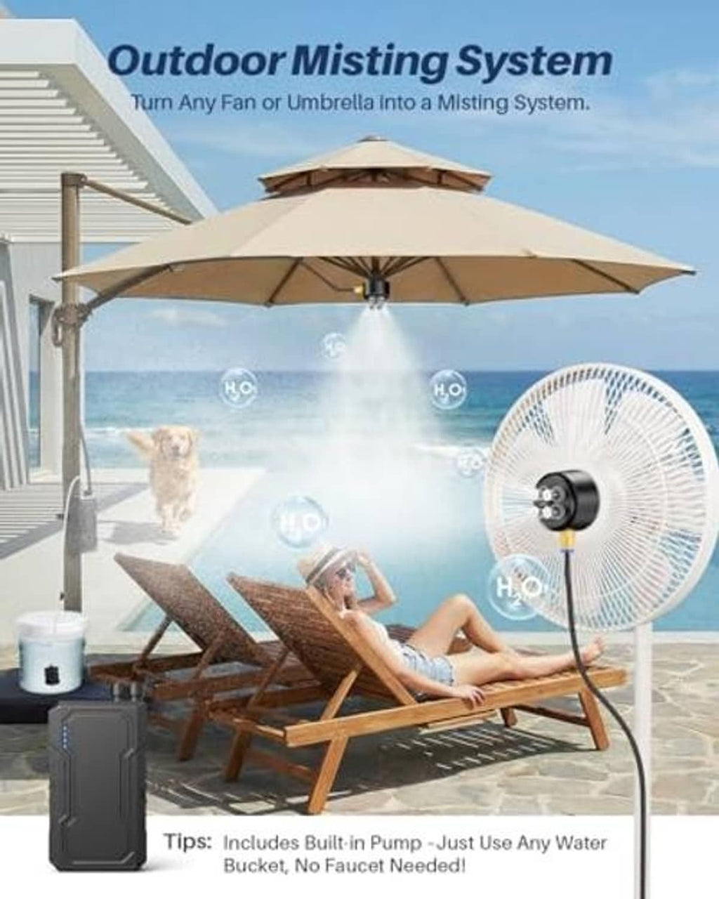 Outdoor misting system with fan nozzle creating fine mist above patio umbrella seating