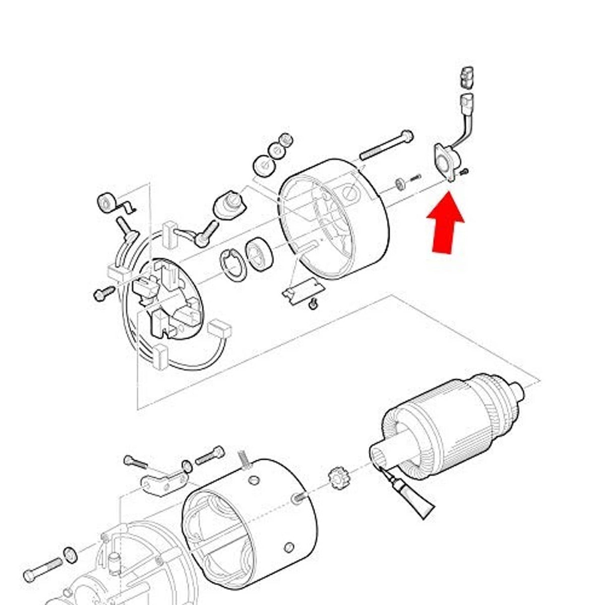 Exploded parts view of speed sensor with wiring connector and mounting hardware