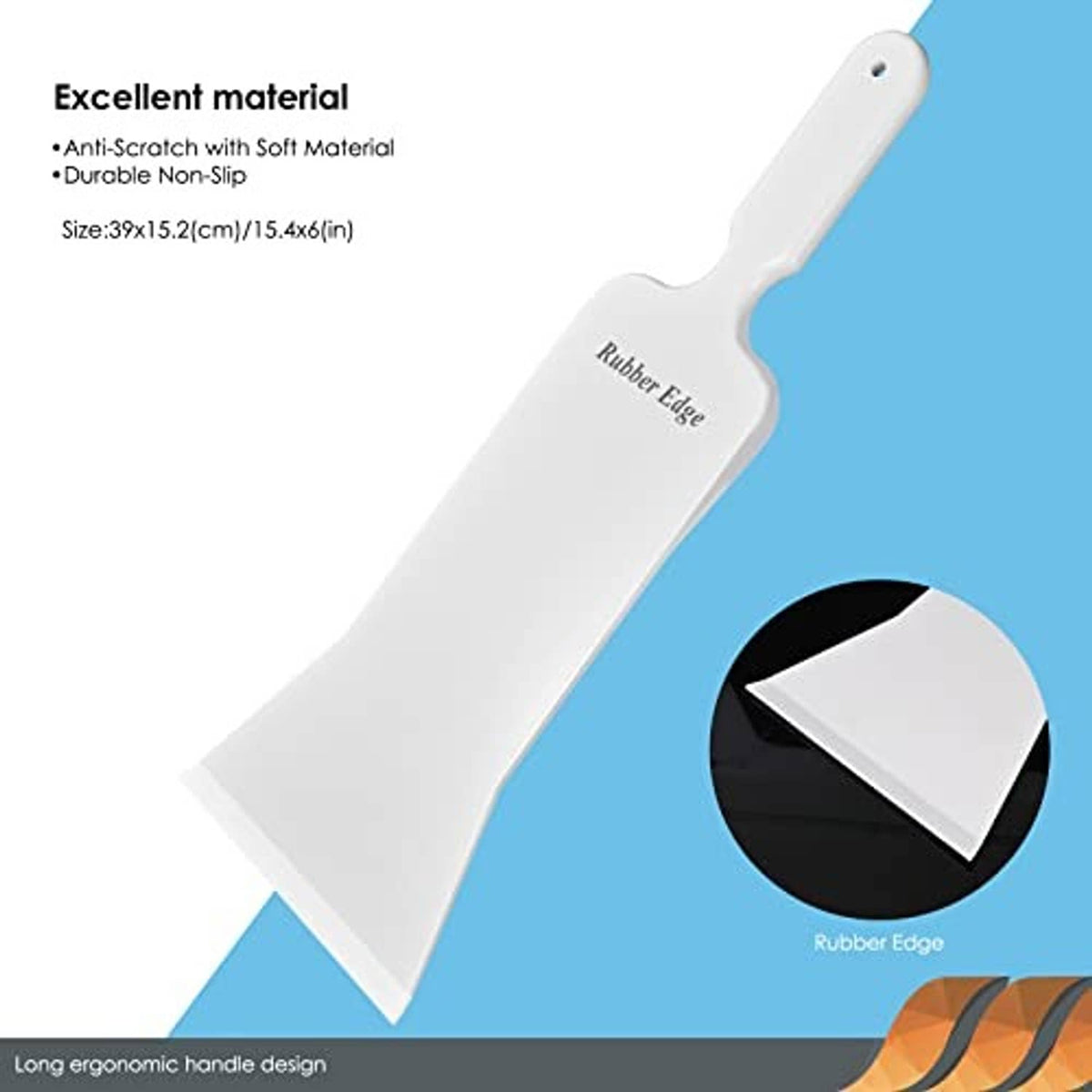 Window tint squeegee with rubber edge, long white handle and wide flat blade
