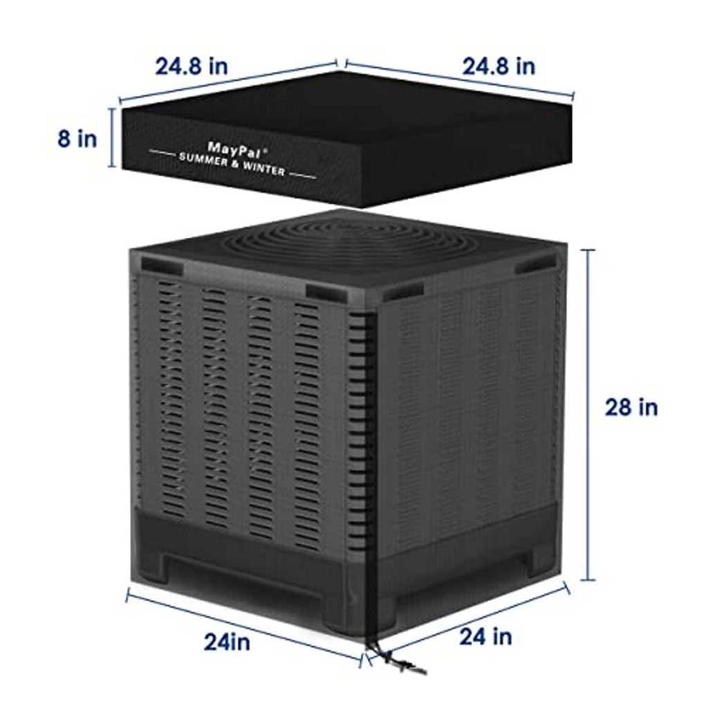 Black mesh AC condenser cover with marked dimensions: 24 in x 24 in x 28 in