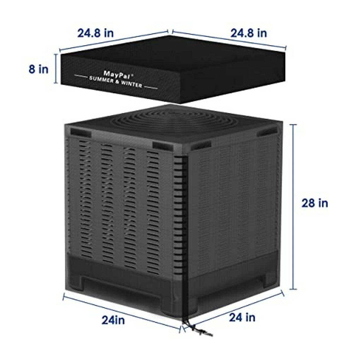 Black mesh AC condenser cover with marked dimensions: 24 in x 24 in x 28 in