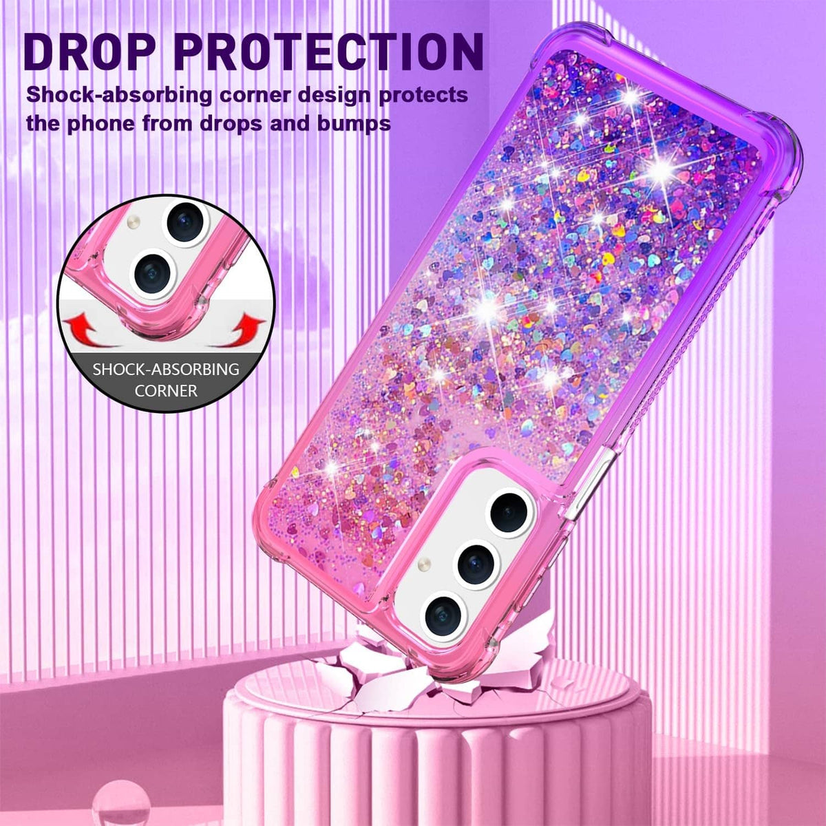 Pink-purple glitter phone case with shock-absorbing corner protection