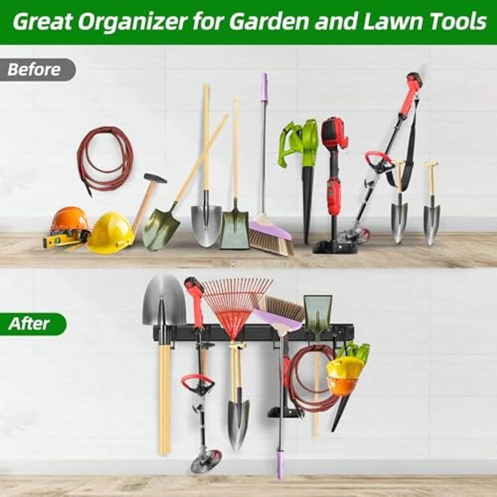 Garden tool organizer wall mount holding shovels and rakes on a double-hook rack