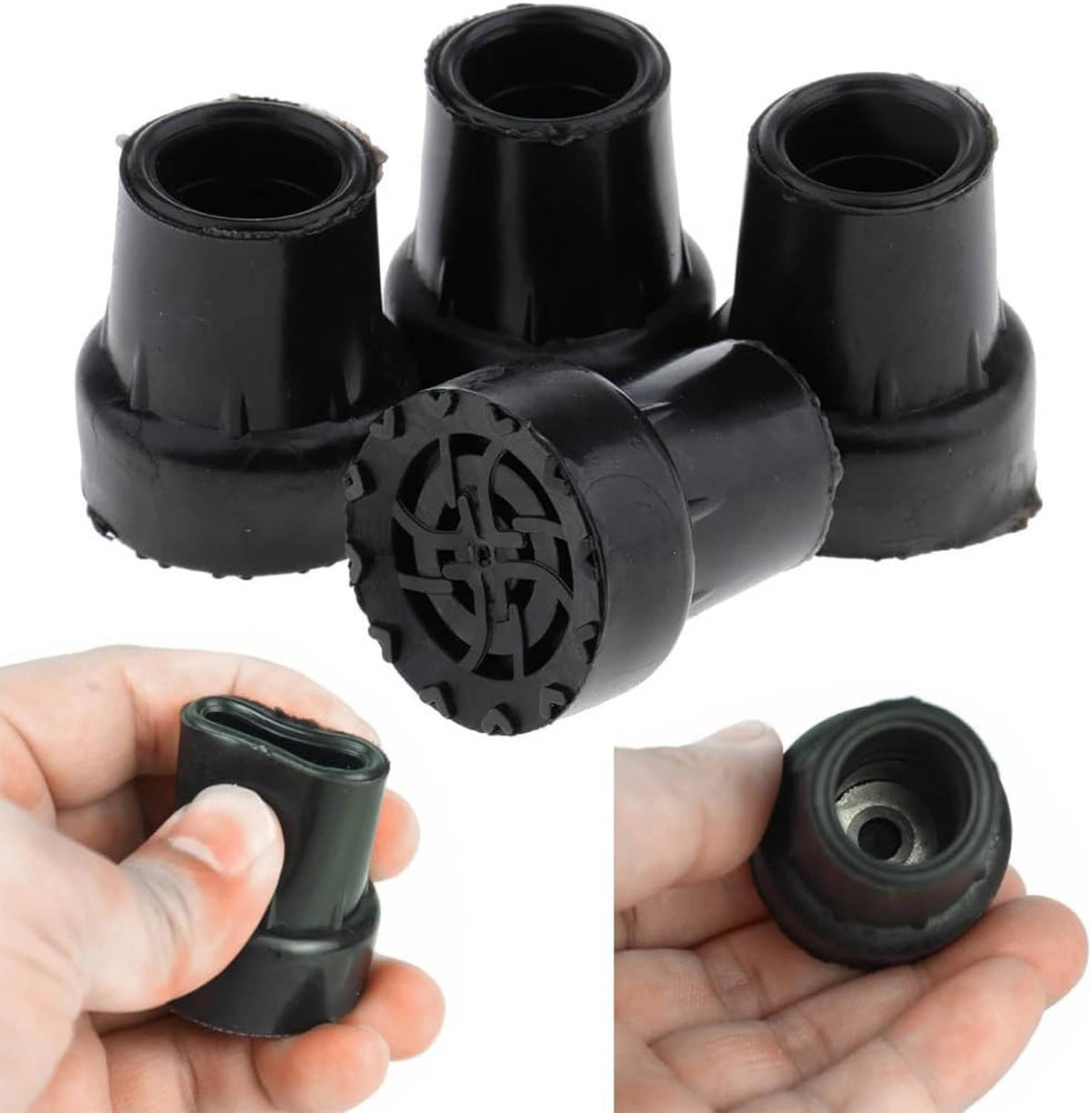 Crutch tip rubber end caps set, black with underside tread and mounting opening