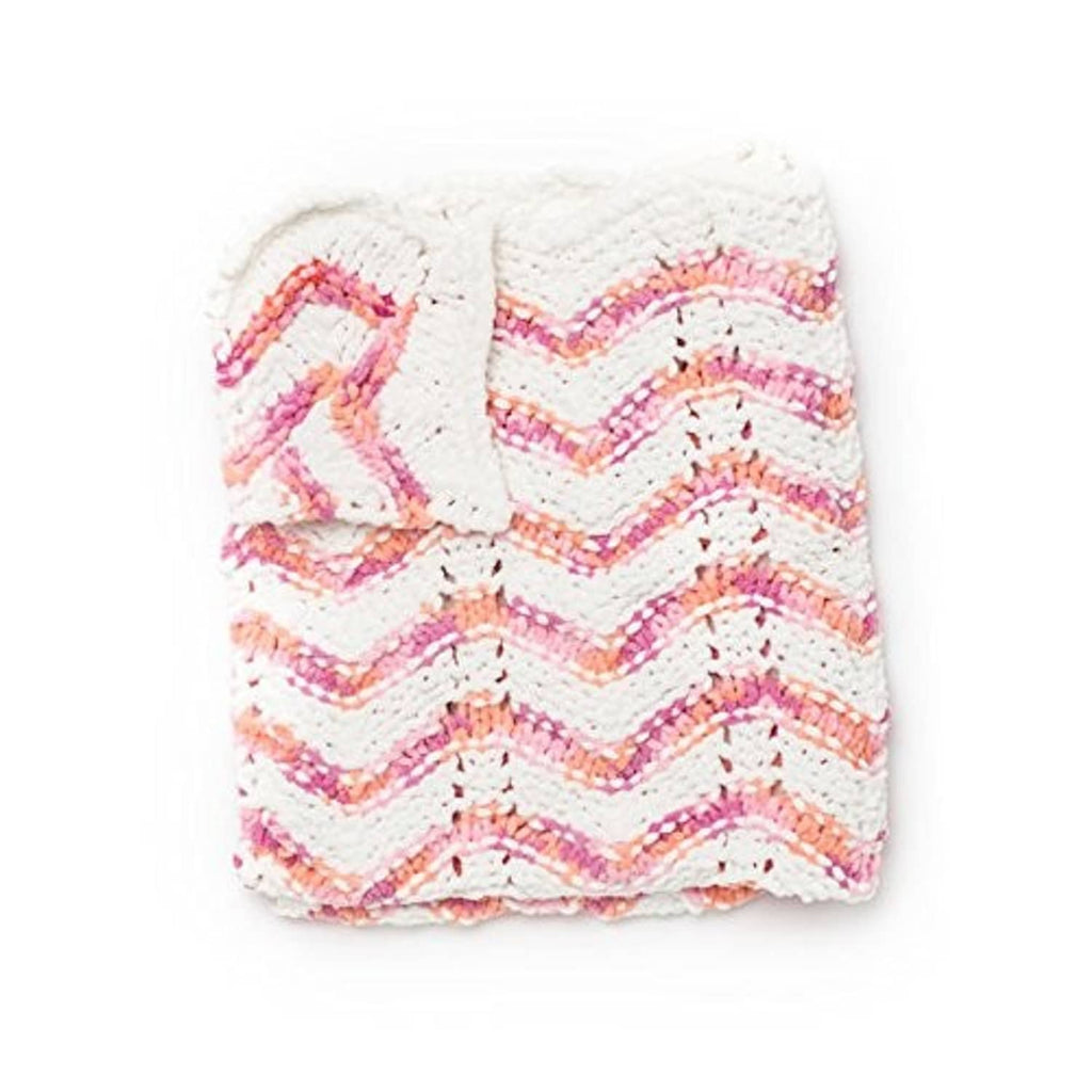 Small zigzag-pattern chenille baby blanket in white, pink, and peach