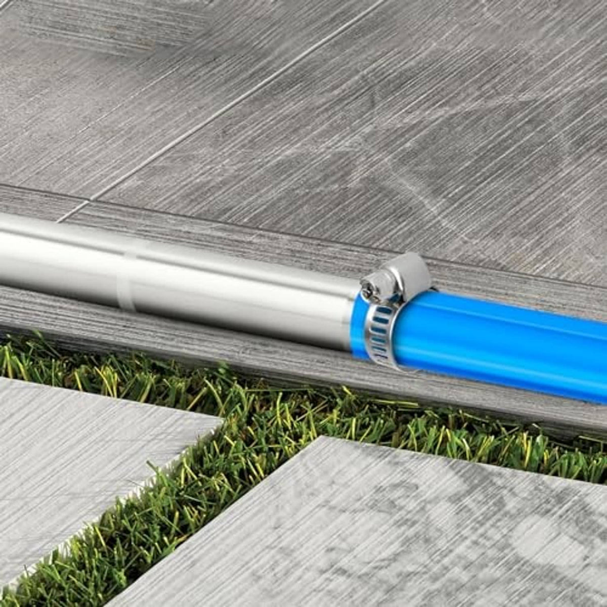 Stainless steel barb pipe fitting with clamp on blue hose tubing