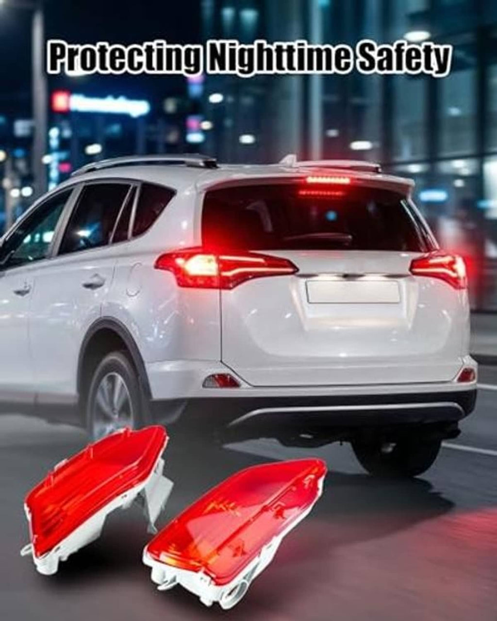 Two red rear reflector lamps with white housings, one loose and one installed on a car