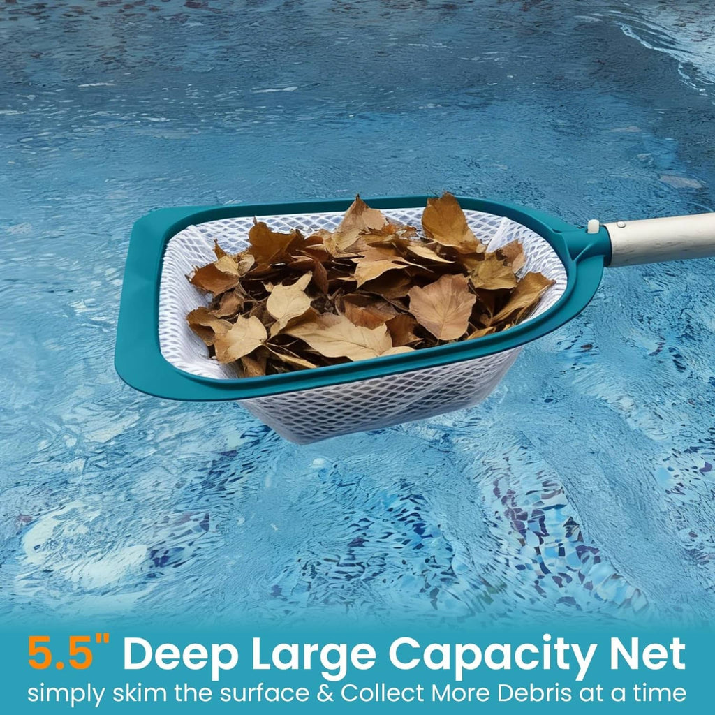 Deep large capacity skimmer net with teal rim and white fine mesh, holding leaves