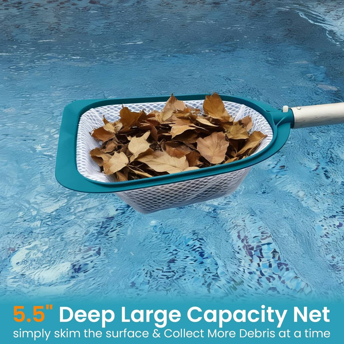 Deep large capacity skimmer net with teal rim and white fine mesh, holding leaves