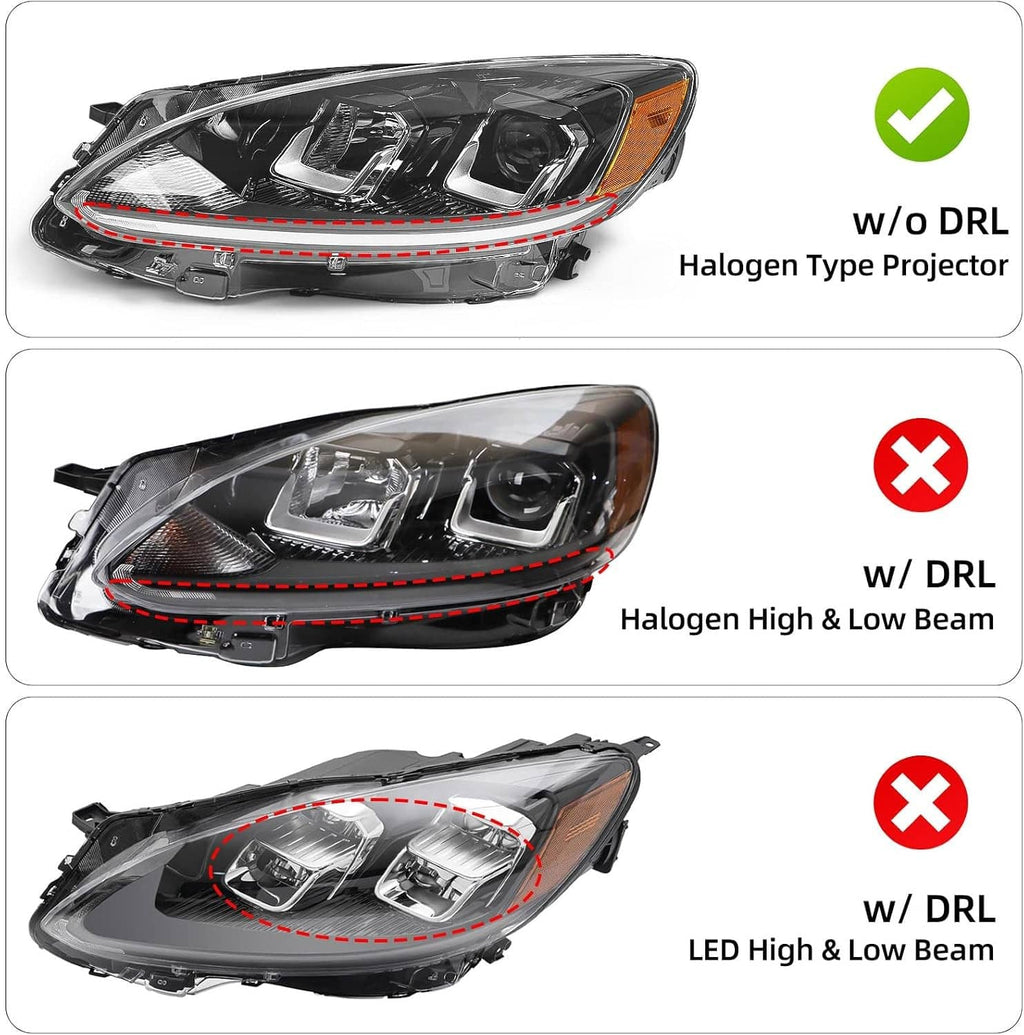Left halogen headlight assembly with projector lens and amber side marker, DRL comparison views