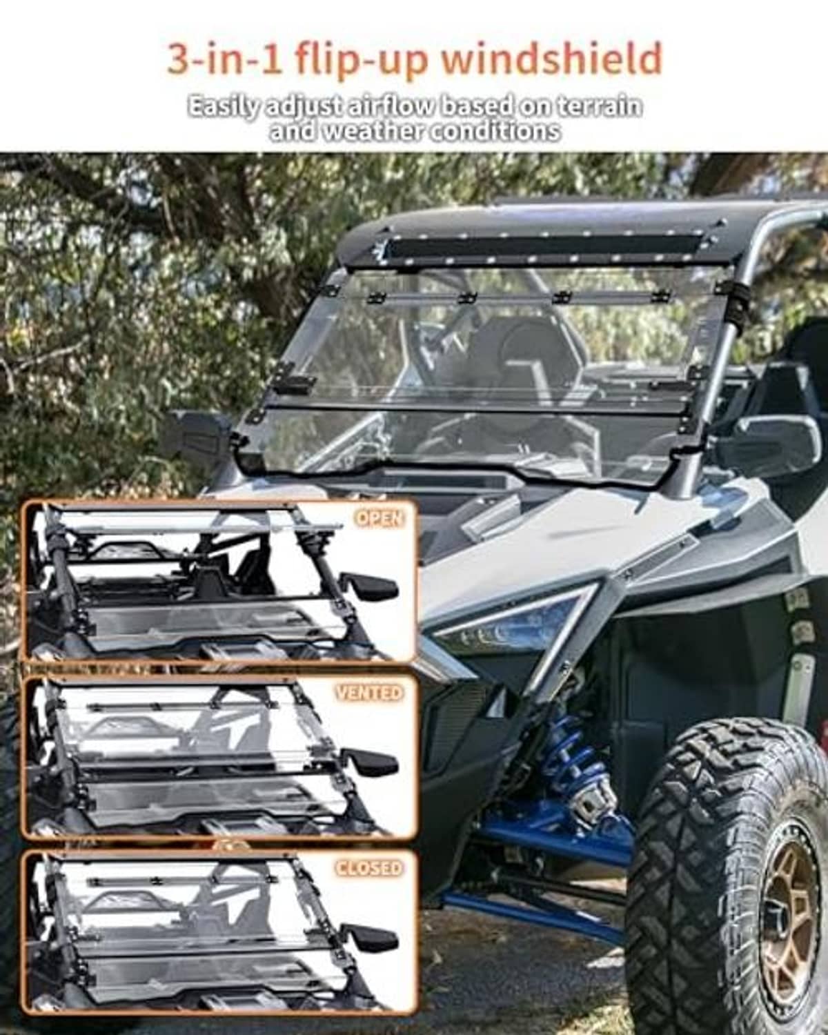 3-in-1 flip-up windshield on a UTV showing open and closed configurations