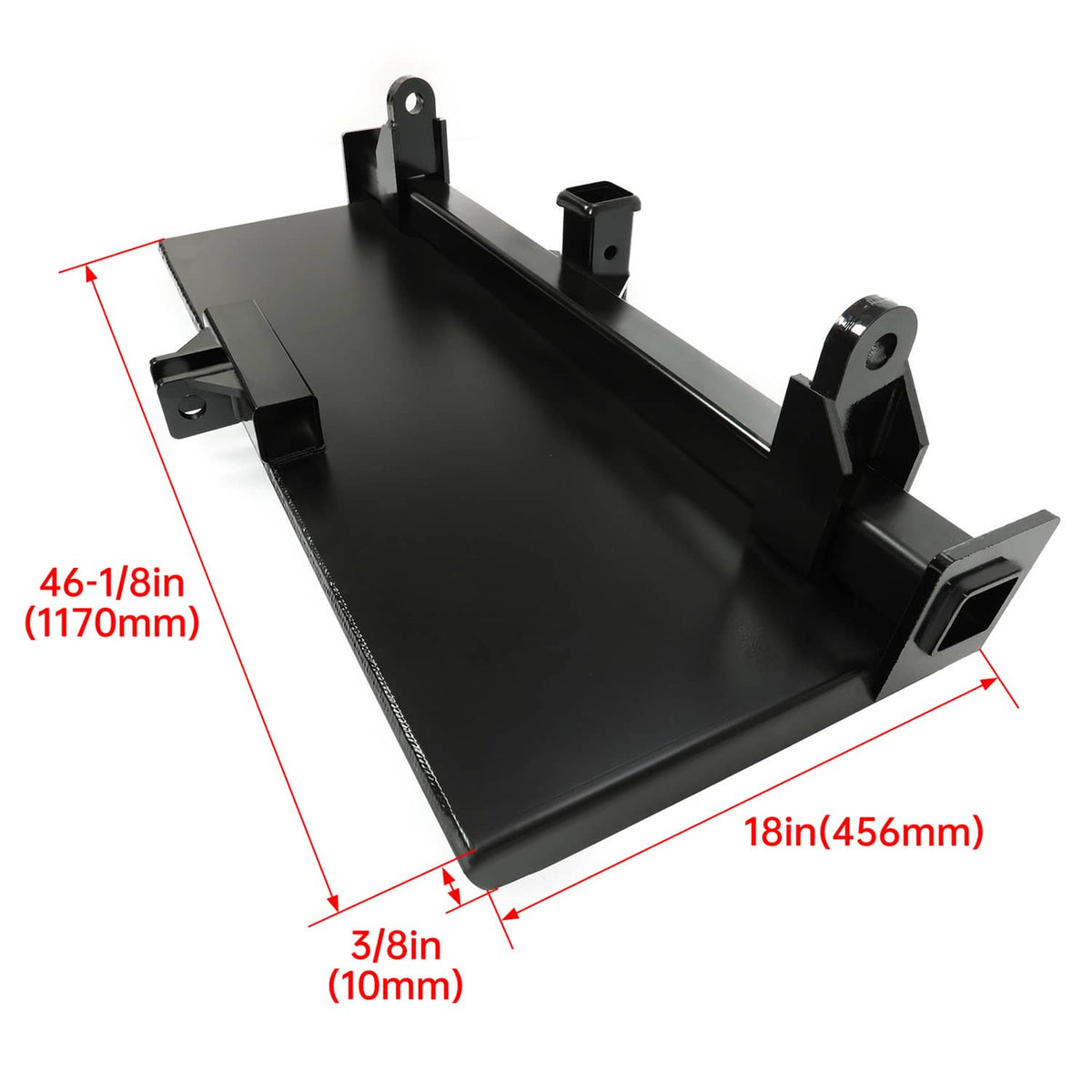 Black steel attachment adapter hitch with top lift bracket and measured dimensions