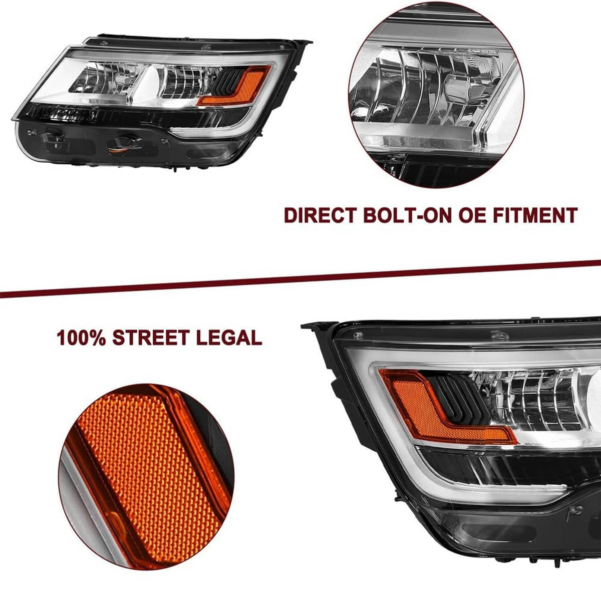 Pair of chrome headlight assemblies with clear lens and amber side marker