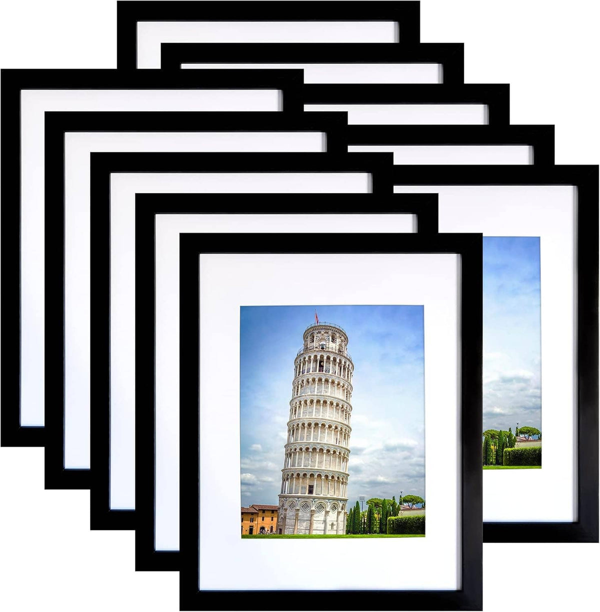Stacked set of picture frames with white mat and black border, tower photo in center