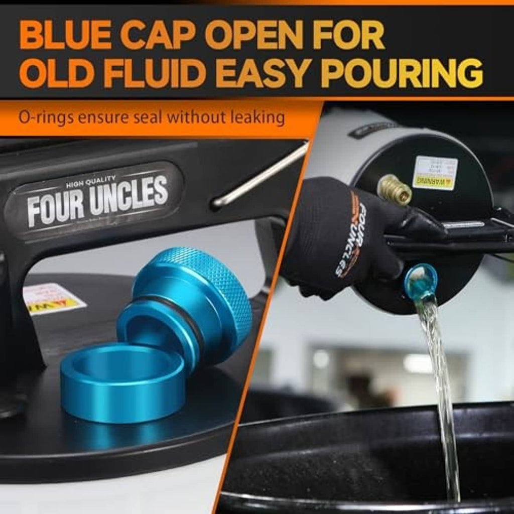 Vacuum brake fluid extractor with blue cap opening for easy pouring of old fluid