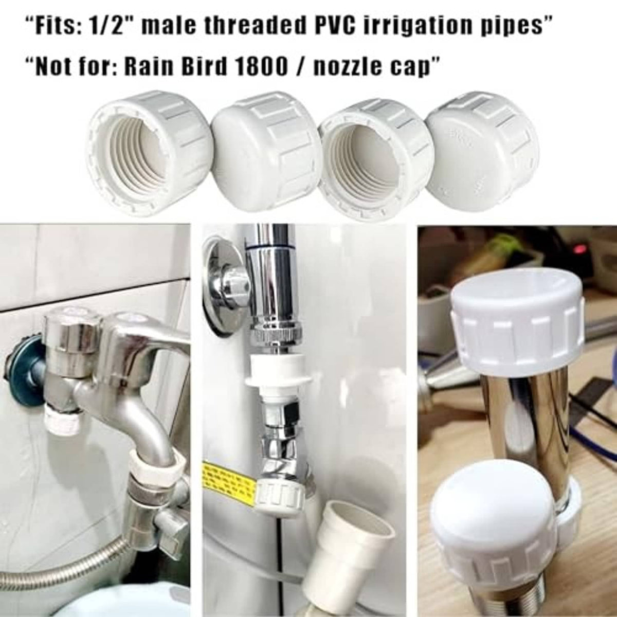 White PVC sprinkler end caps with threaded openings, cap shown in paired views