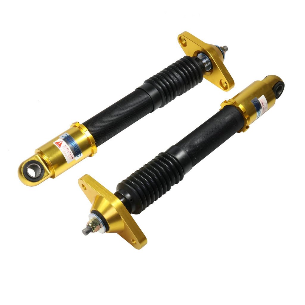 Coilover shock absorbers with black rods, gold ends, and mounting studs