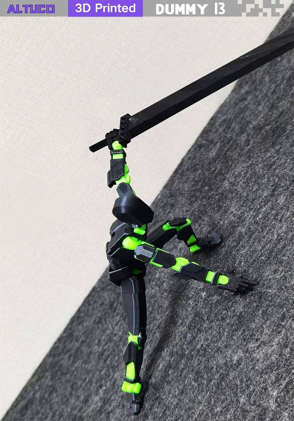 T13 green-and-black action figure posed with long black sword and green highlights