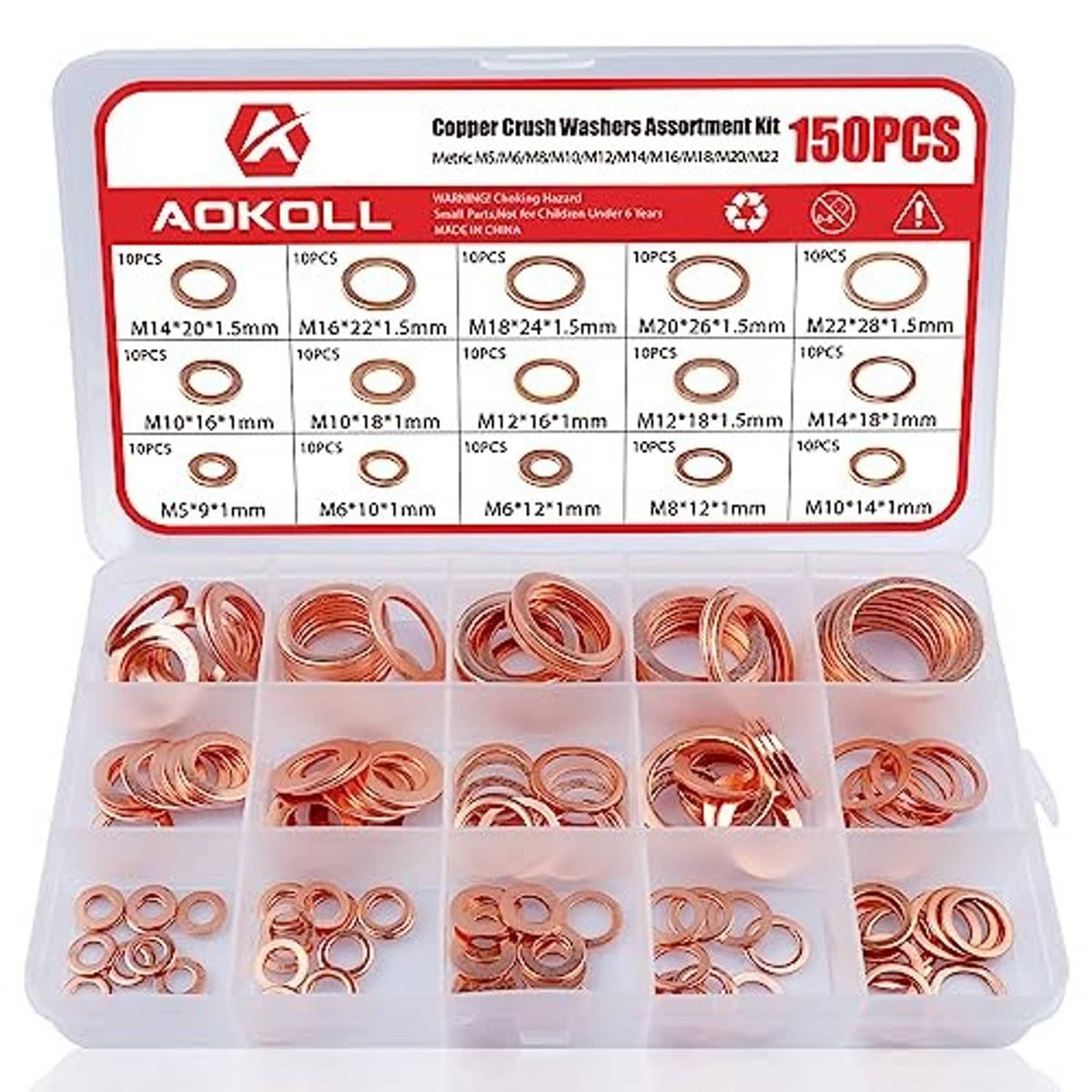 Copper sealing washer assortment kit with neatly arranged copper washers in clear compartments.