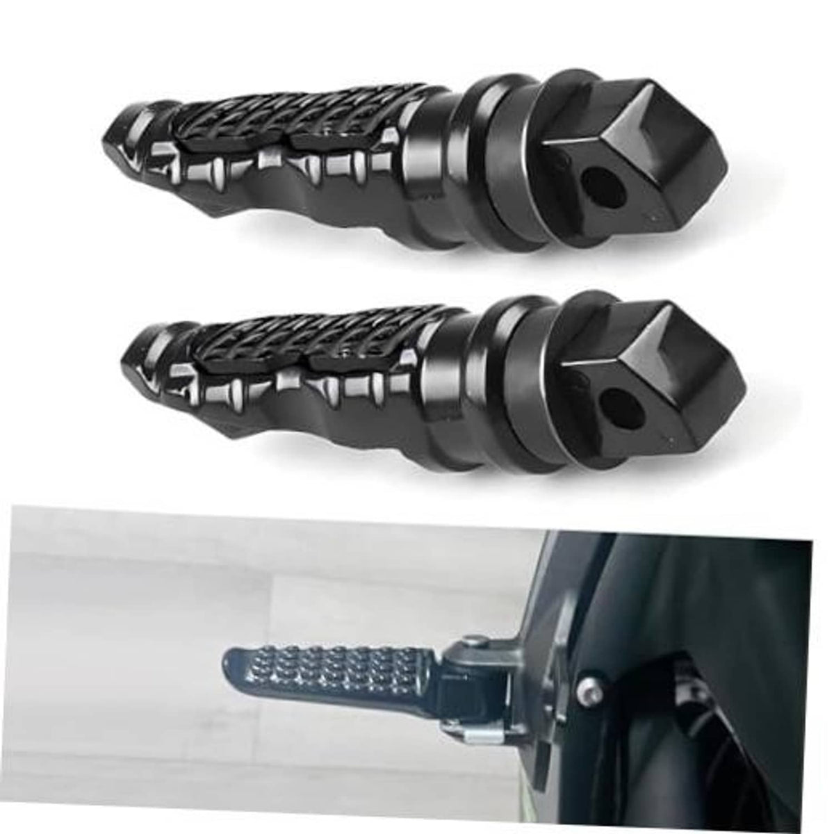 Pair of black motorcycle alloy footpegs with textured grip and star bolt ends